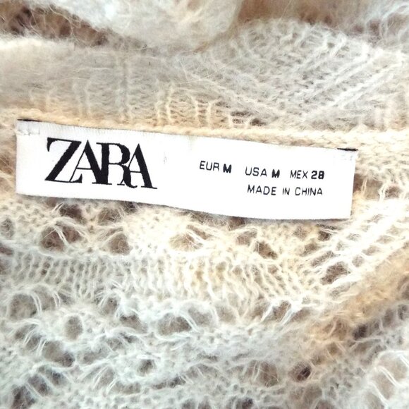 Zara Pointelle Open Knit Ivory Cream Wool Alpaca Round Neck Sweater Size Medium - Picture 12 of 13